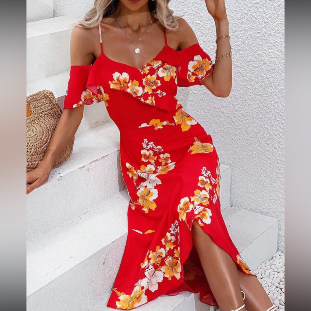 Boho floral print cold shoulder ruffle trim wrap dress